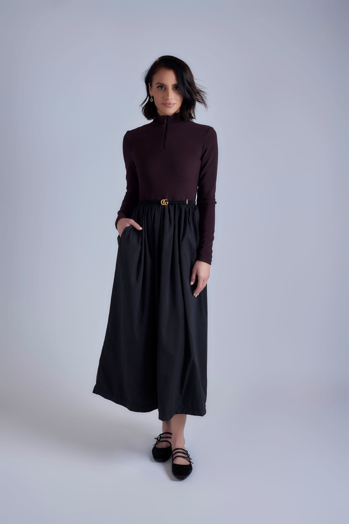 Nylon Mock Neck Dress - Black Wine - Olivvi World