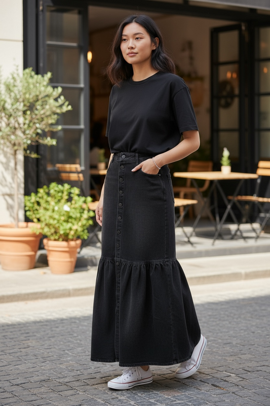 Button Down Stretch Denim Maxi Skirt