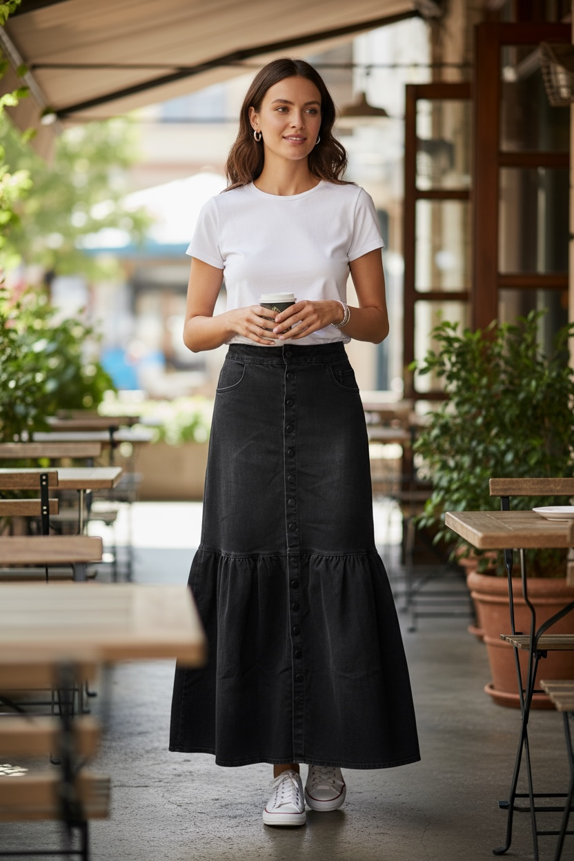 Button Down Stretch Denim Maxi Skirt