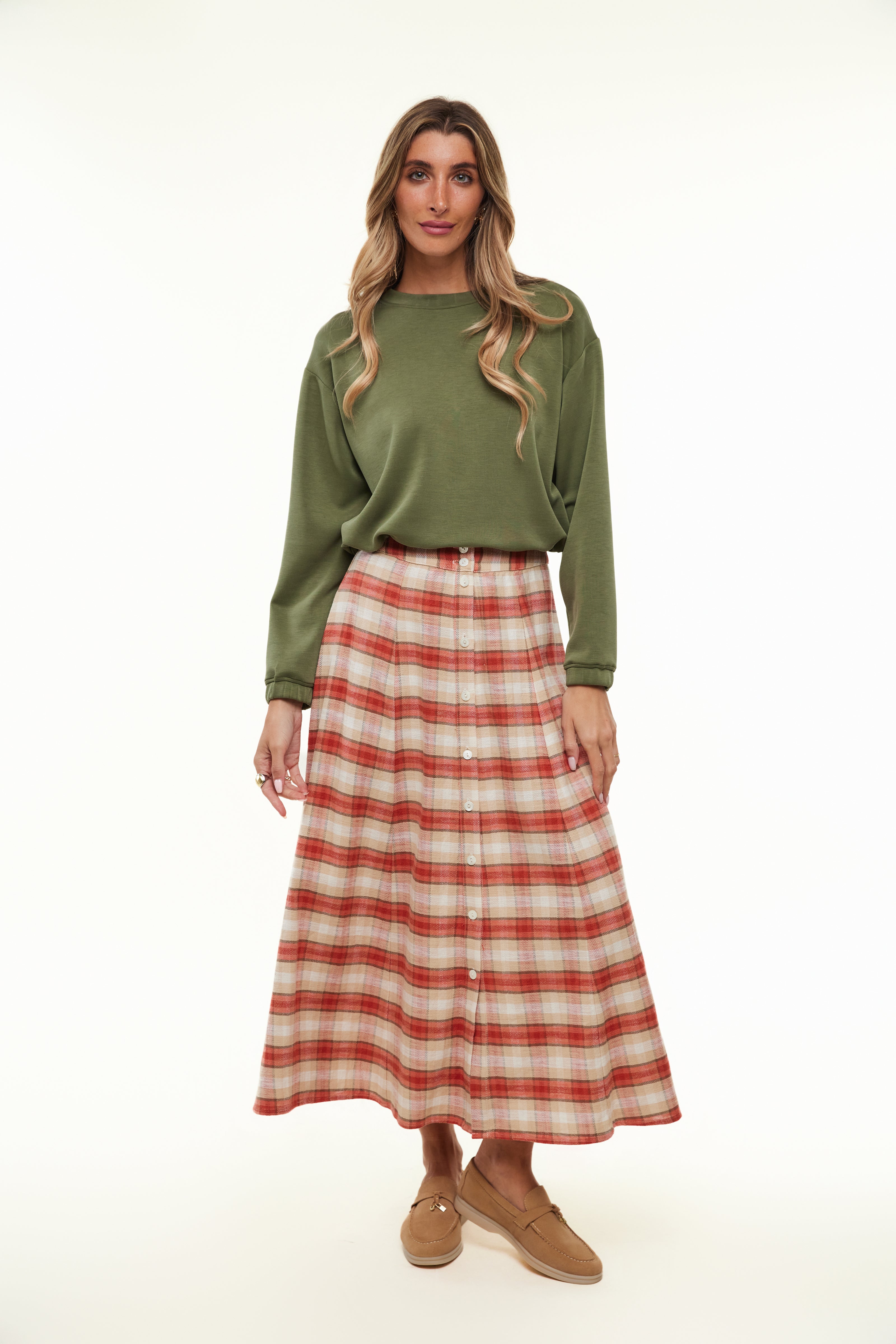 PLAID MIDI SKIRT - Orange Plaid - Olivvi World