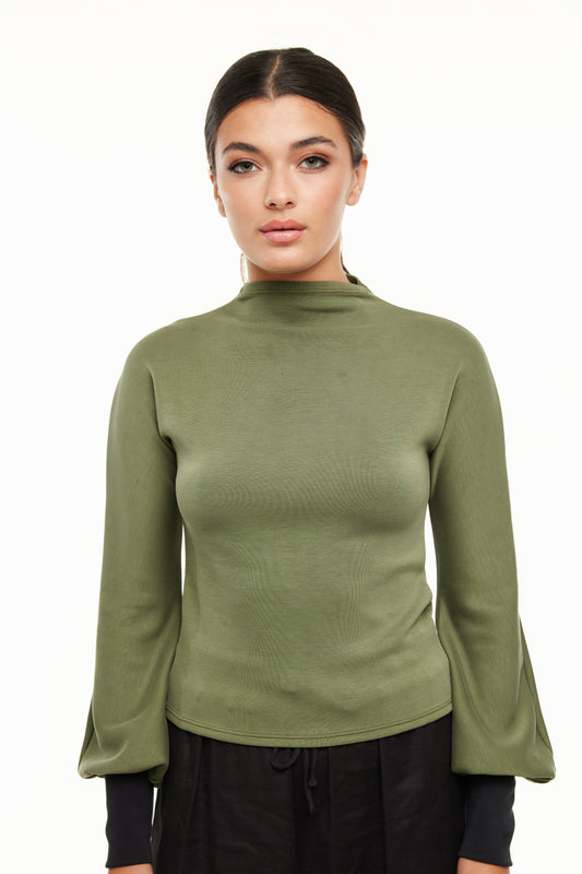 Steph Bubble Sleeve Top for Women, Olive - Olivvi World