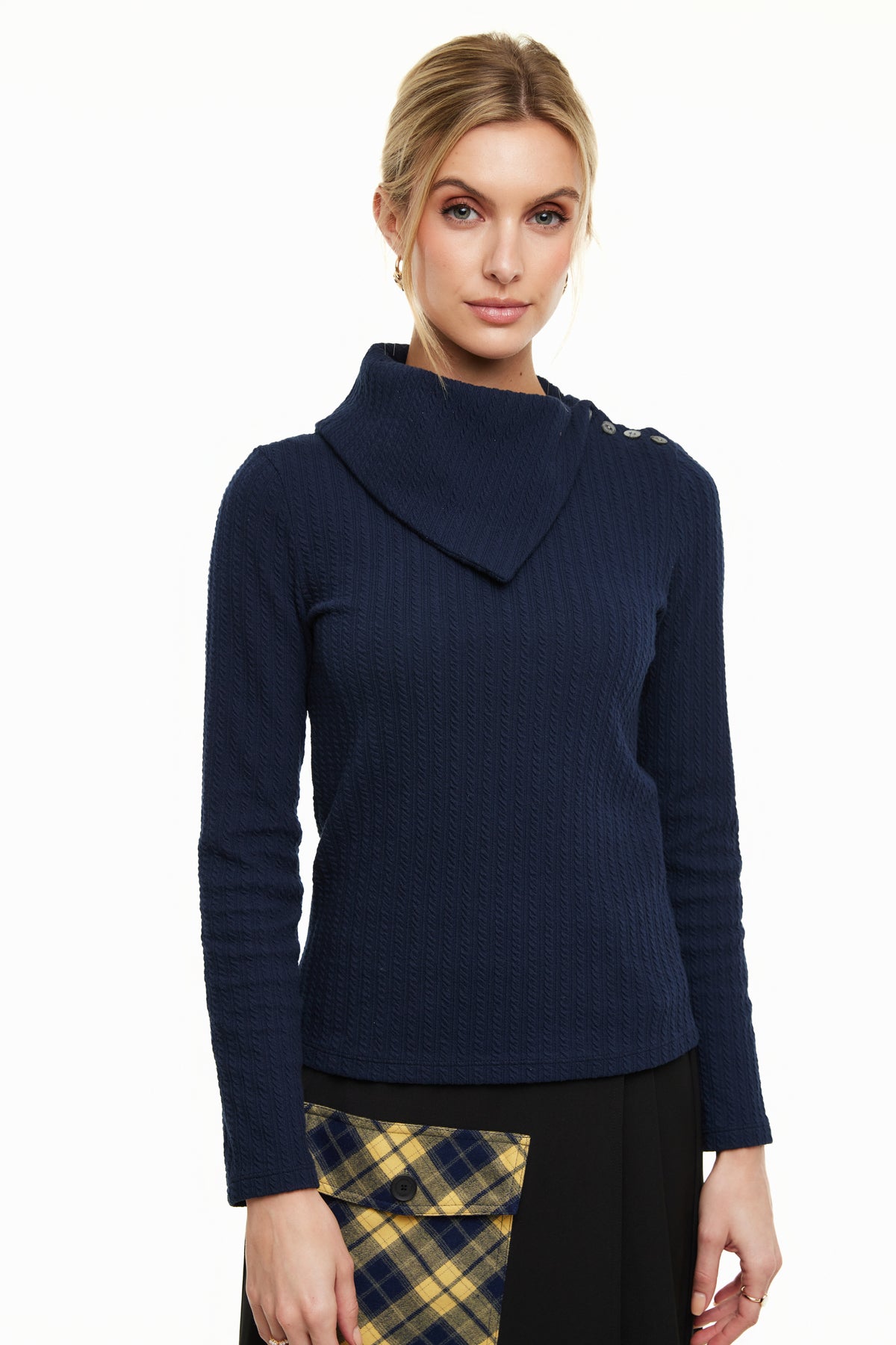 Asymmetrical Cable Turtleneck Women’s Top, Navy – Olivvi World