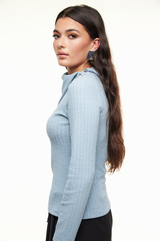 Asymmetrical Cable Turtleneck Women’s Top, Pale Blue – Olivvi World