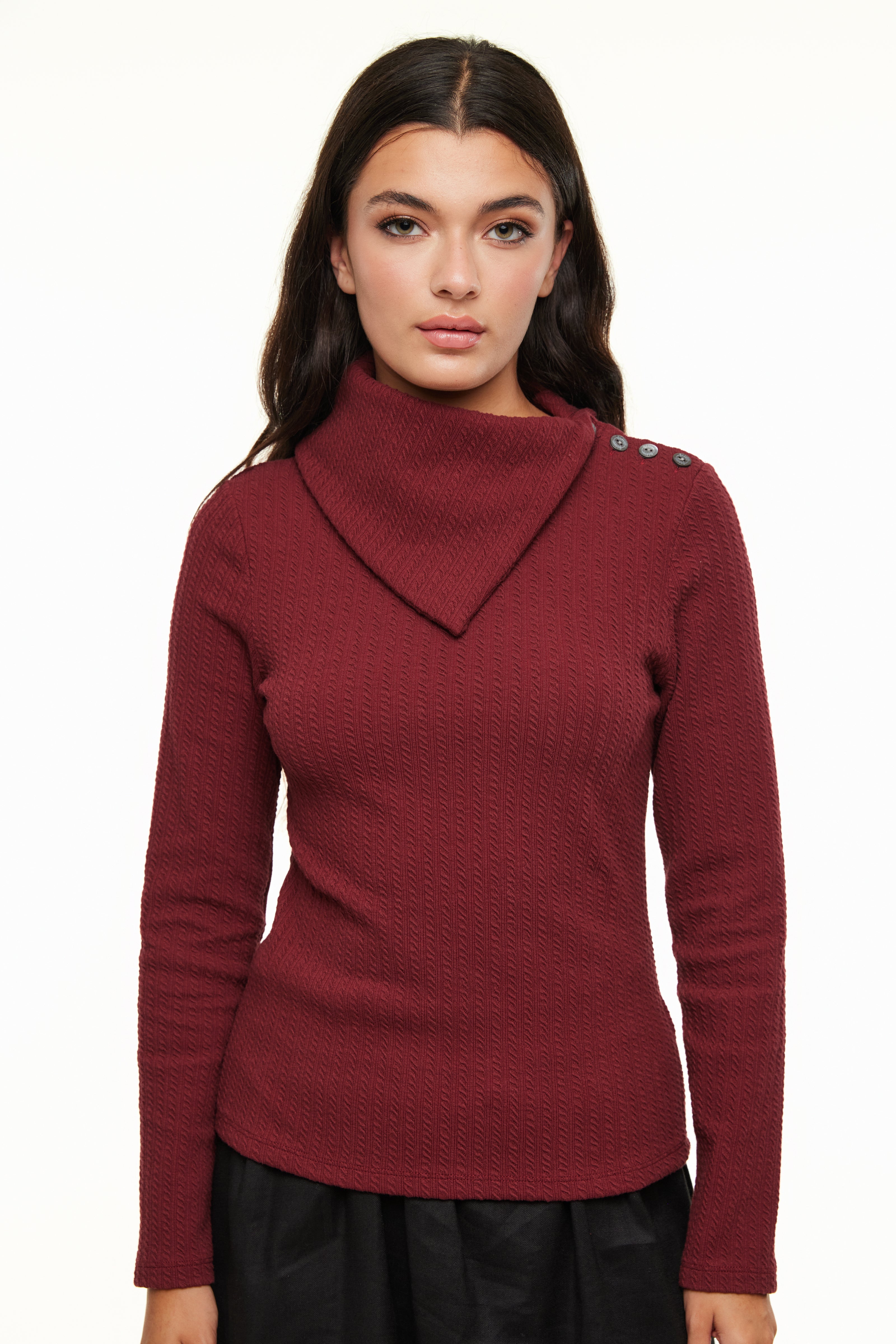 Asymmetrical Cable Turtleneck Women’s Top, Wine – Olivvi World