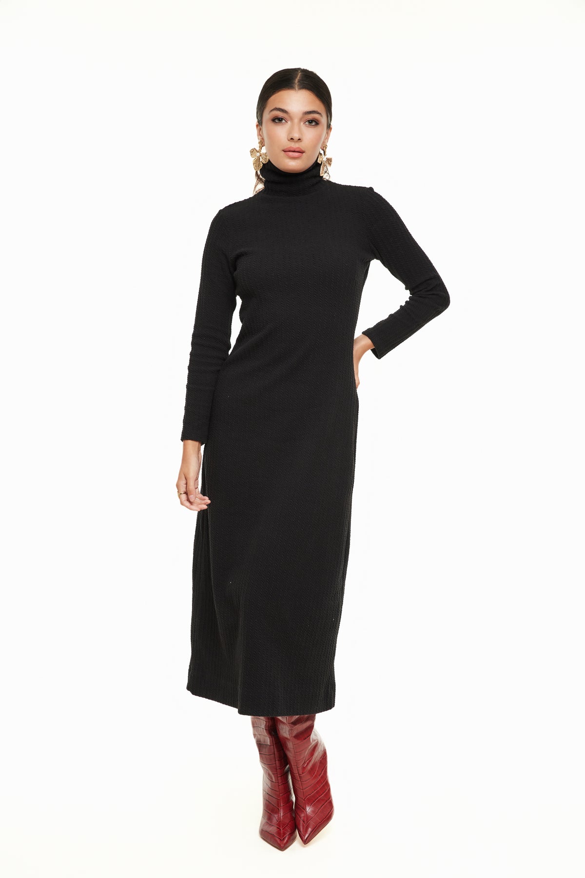 Cable Knit Turtleneck Dress, Black – Olivvi World