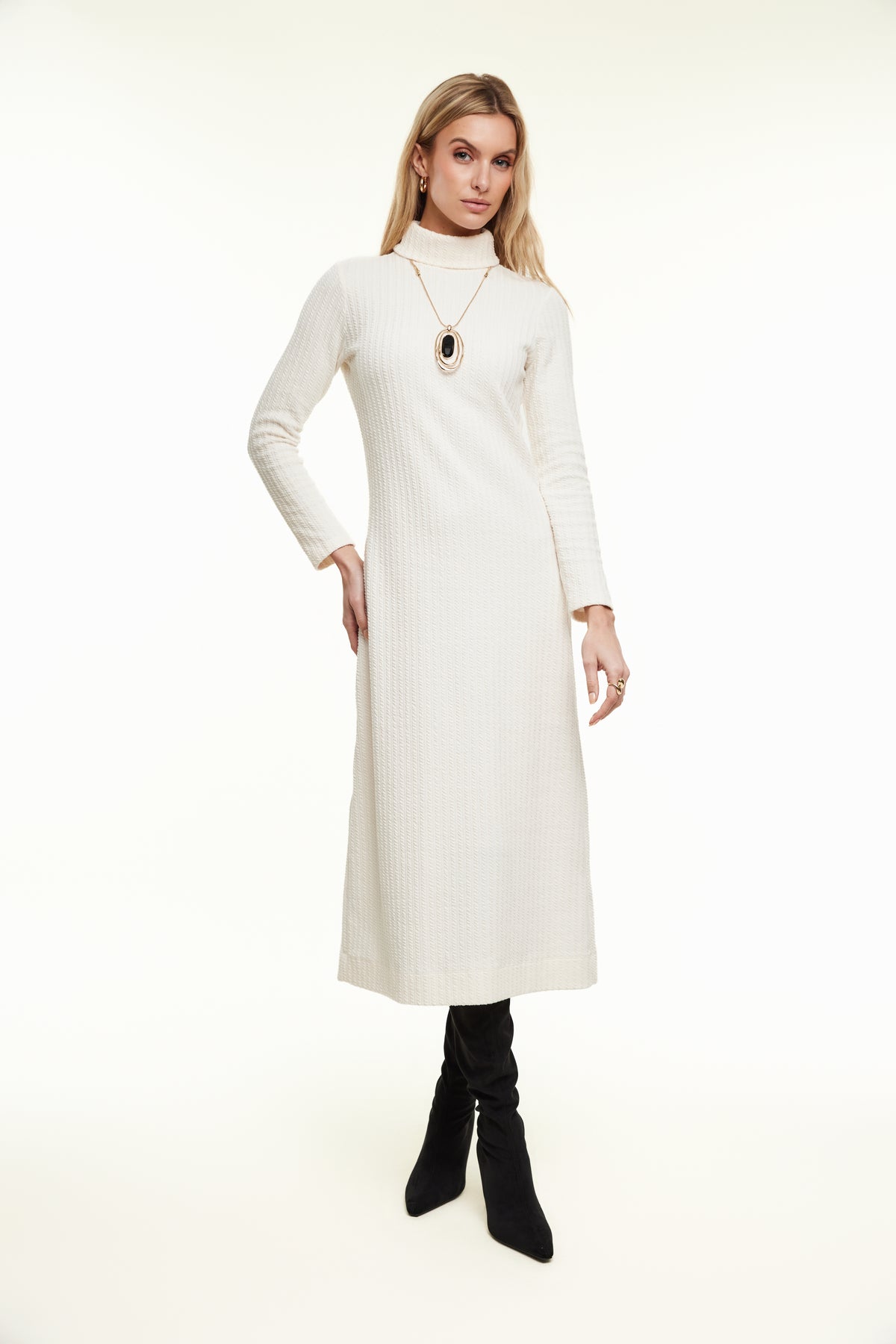 Cable Knit Turtleneck Dress, Ivory – Olivvi World