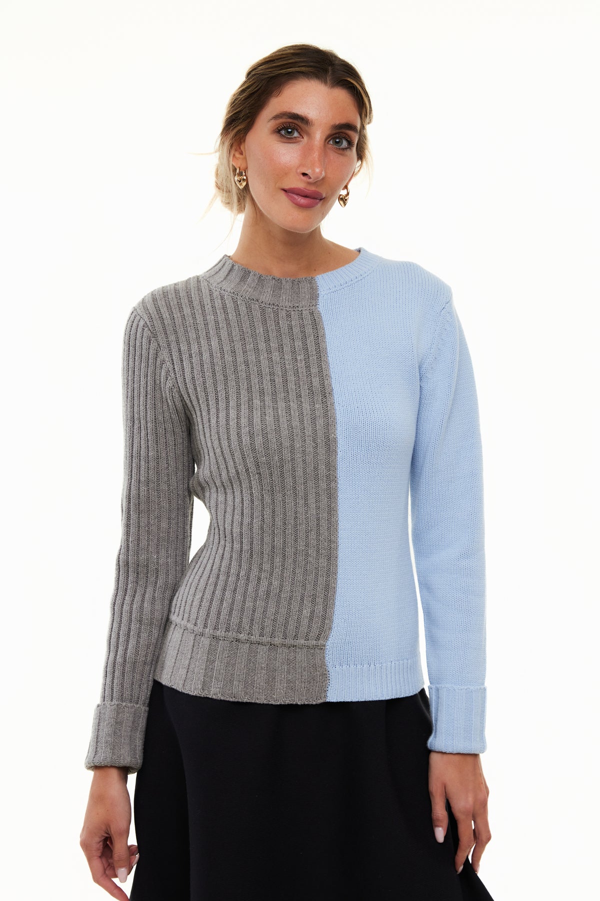 Chunky 2-Tone Women Sweater, Gray/Blue – Olivvi World