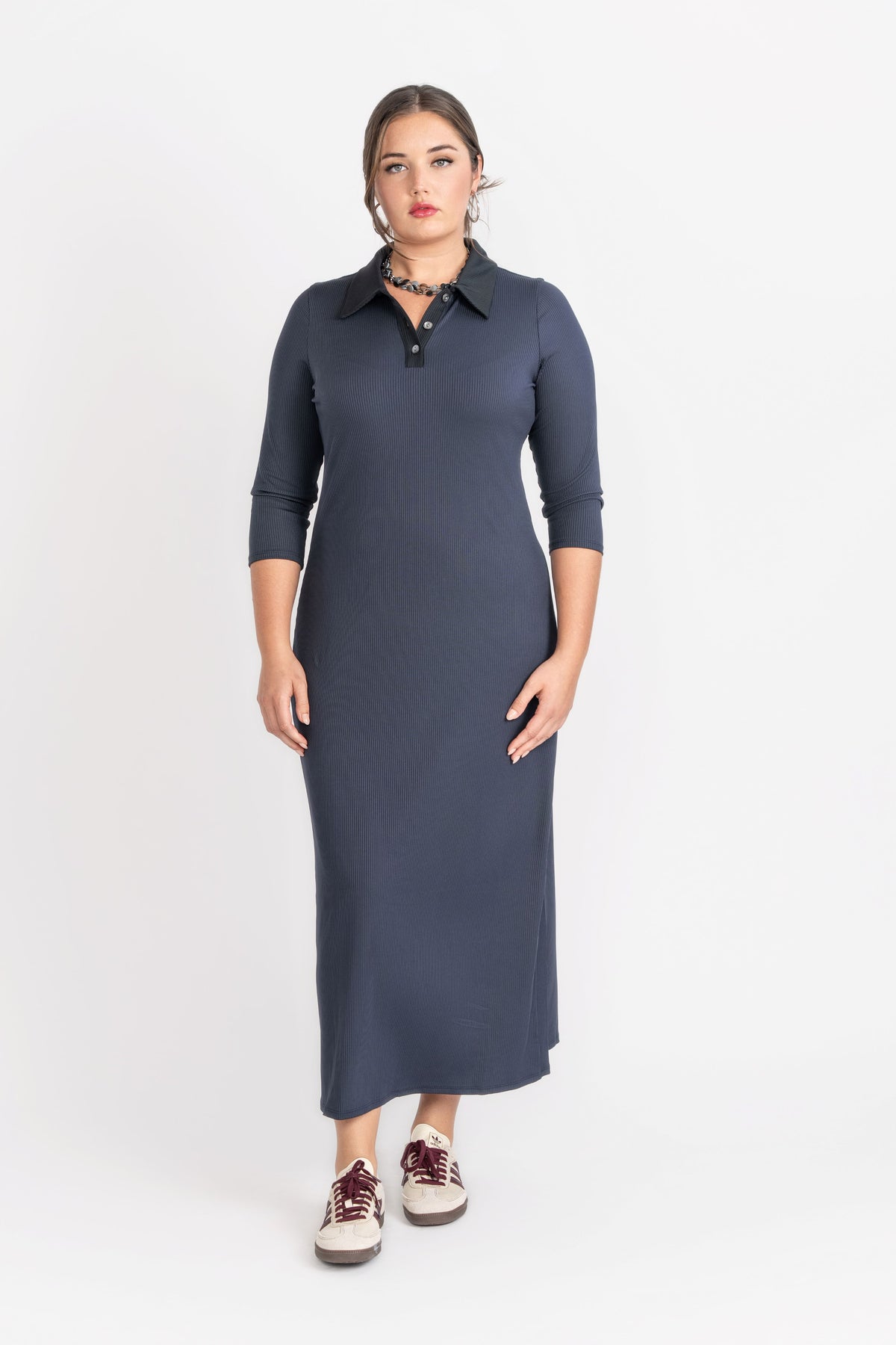 Contrast Collared Rib Dress, Navy/Black – Olivvi World