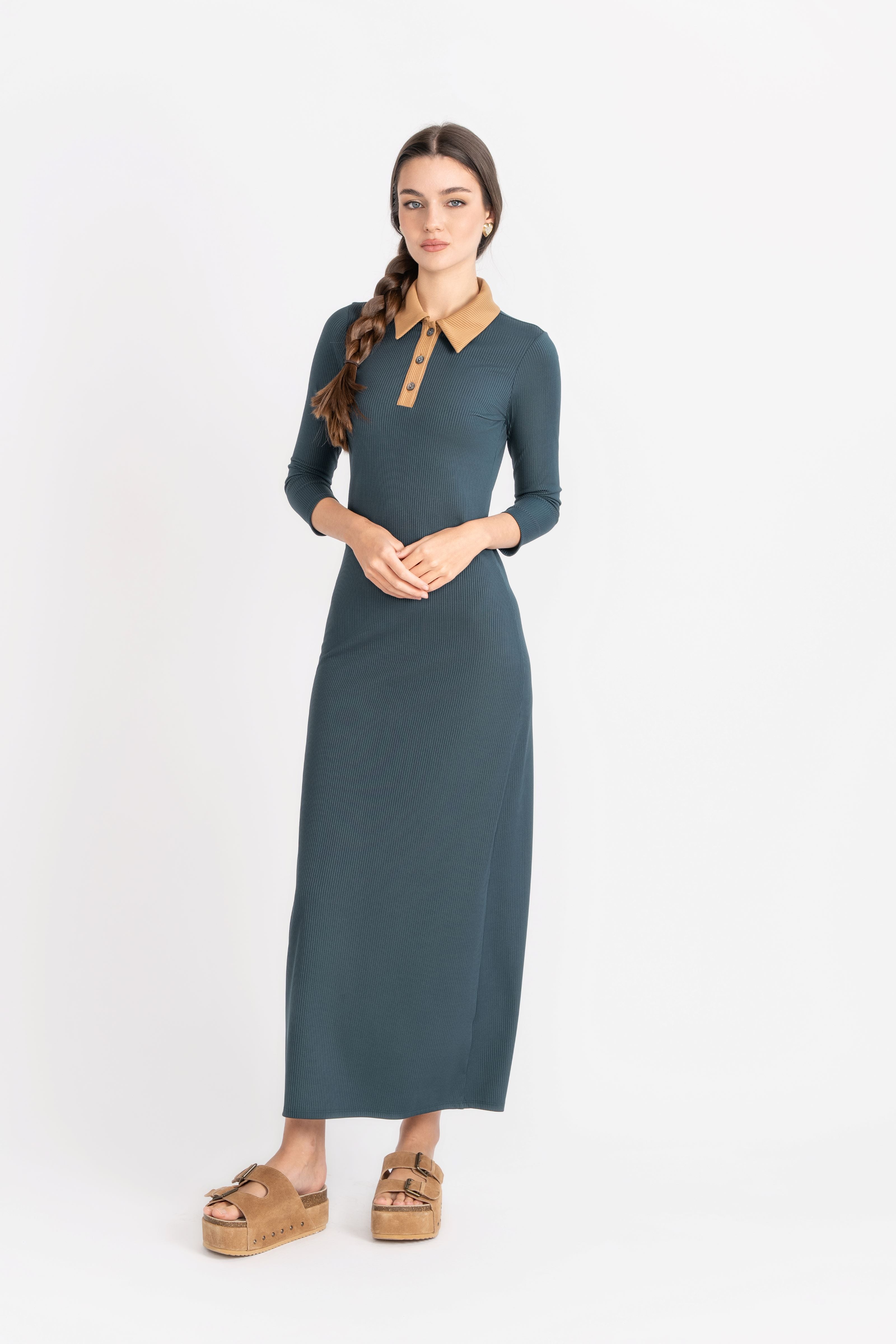 Contrast Collared Rib Dress, Teal/Caramel – Olivvi World