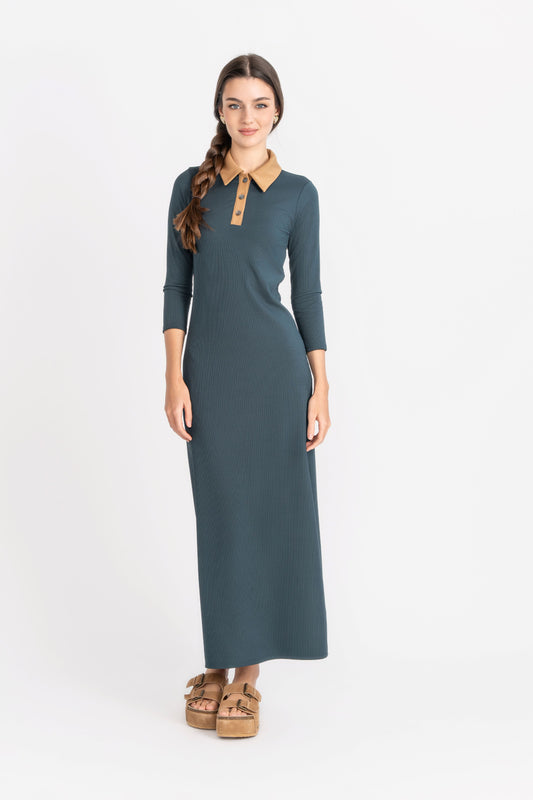 Contrast Collared Rib Dress, Teal/Caramel – Olivvi World