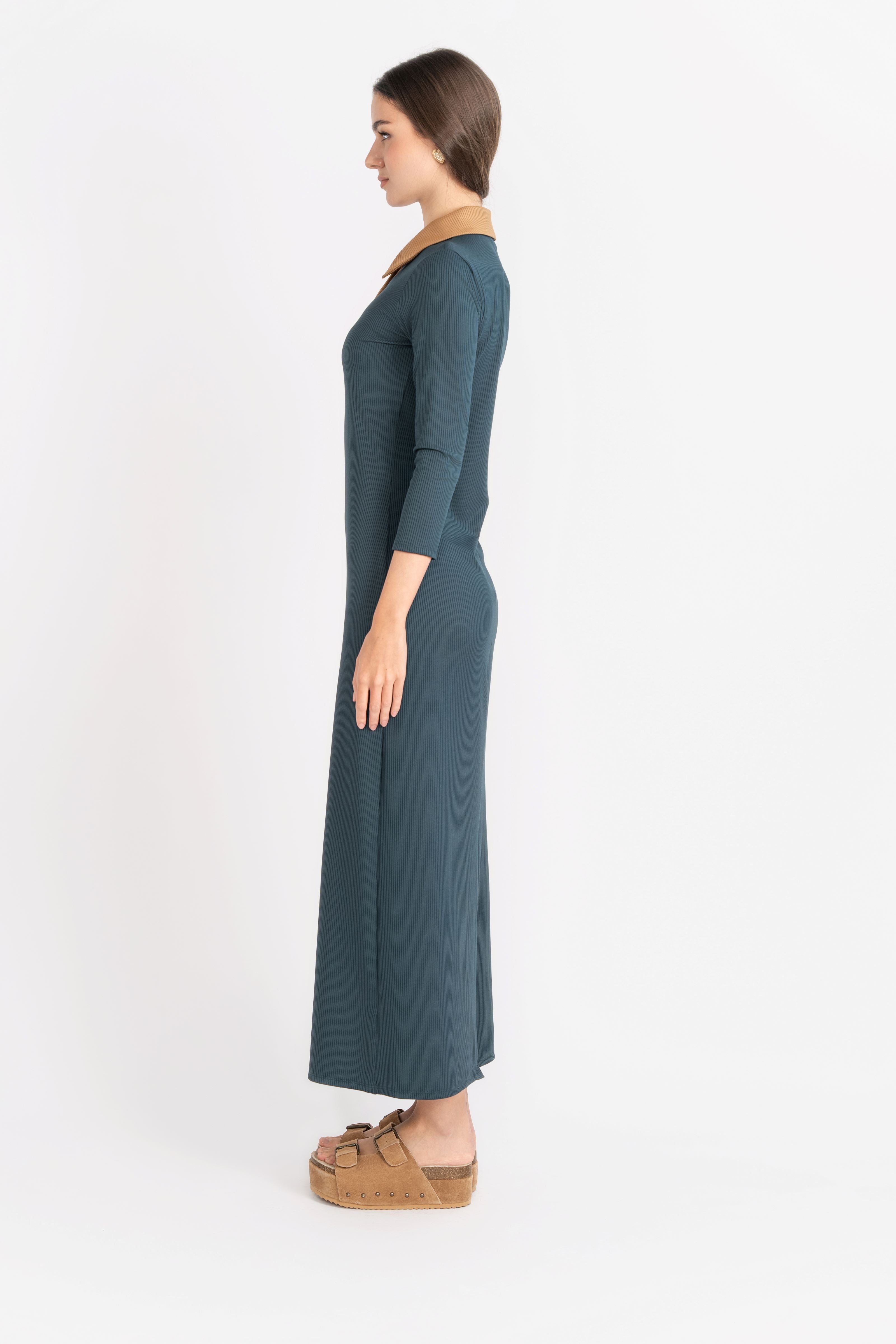 Contrast Collared Rib Dress, Teal/Caramel – Olivvi World