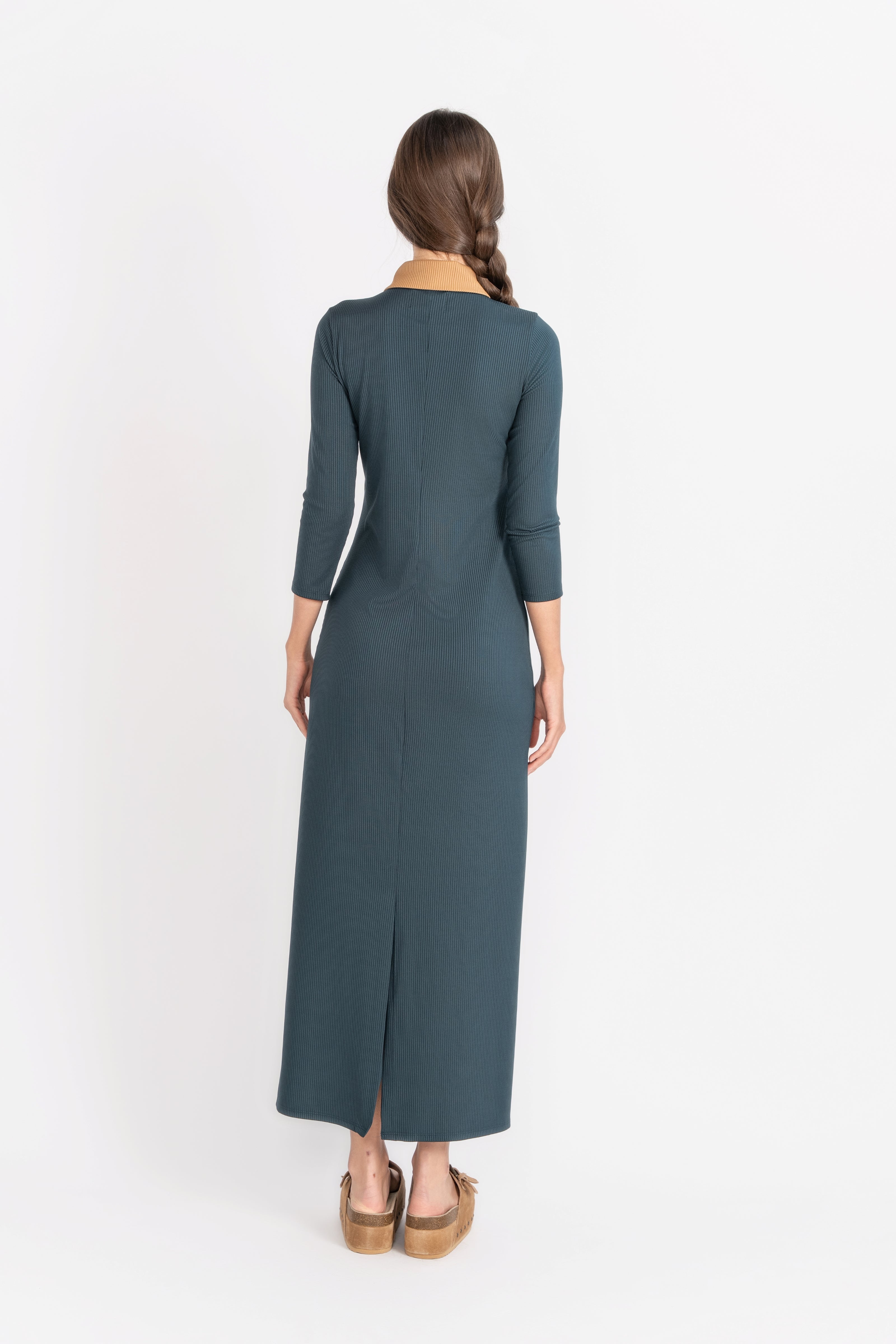 Contrast Collared Rib Dress, Teal/Caramel – Olivvi World