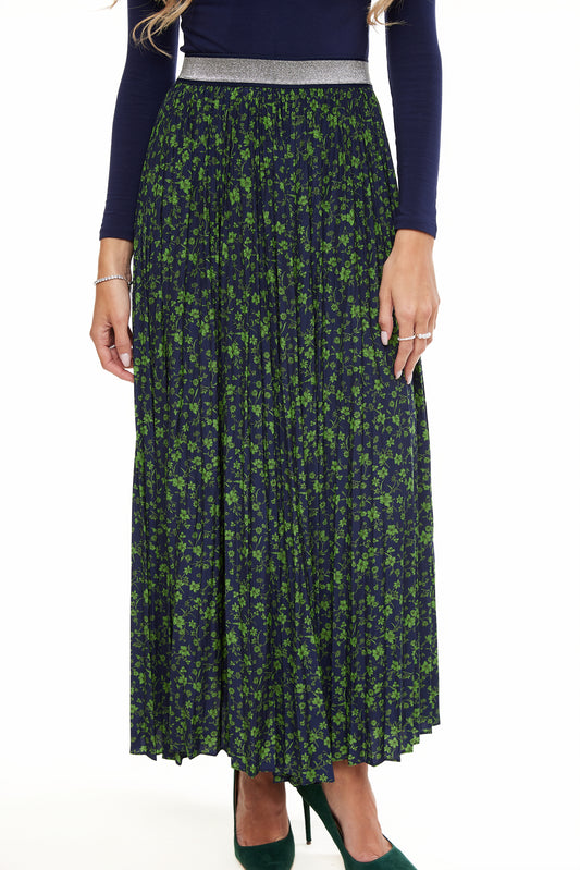 Elastic Waist Pleated Maxi Skirt, Navy/Green – Olivvi World