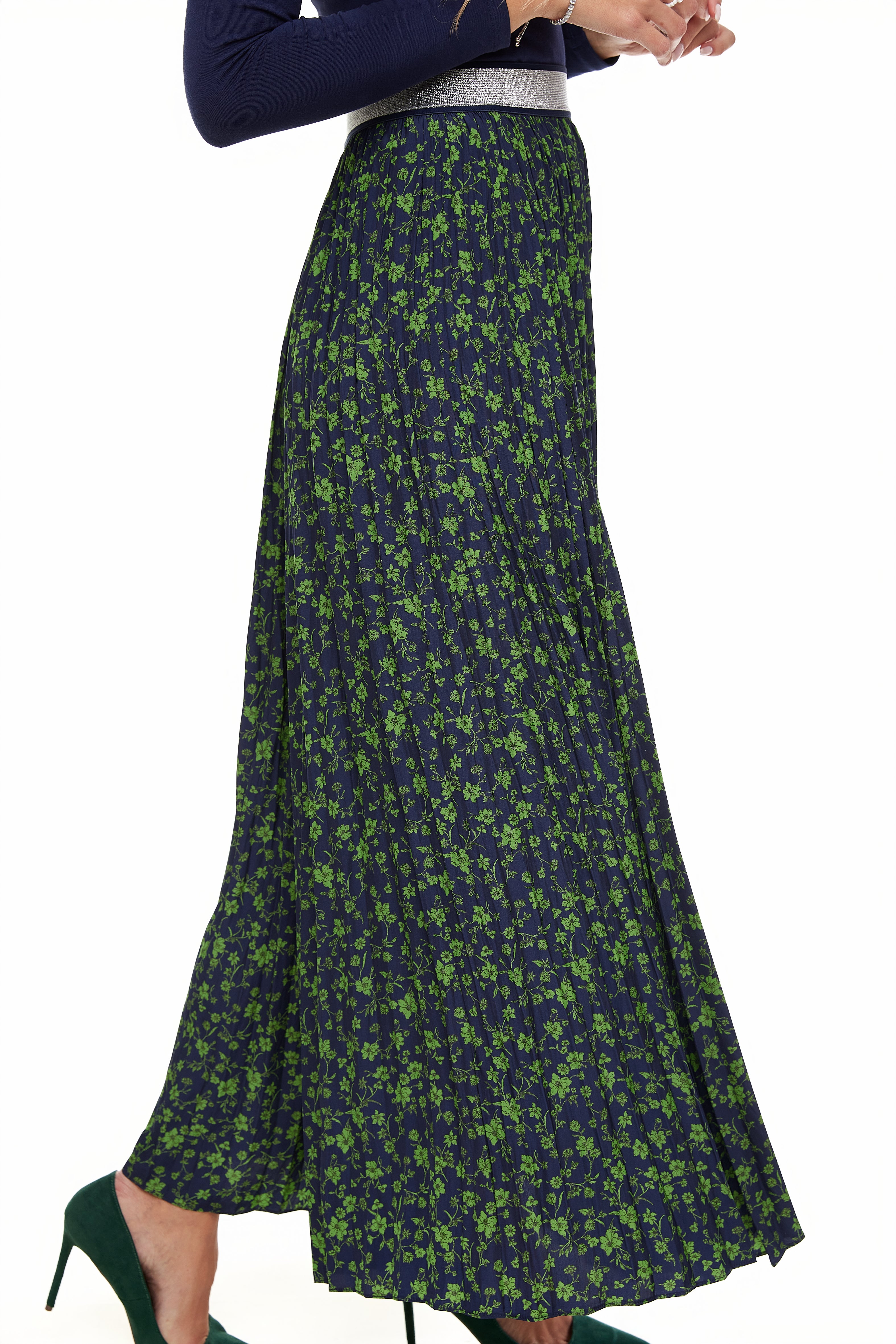 Elastic Waist Pleated Maxi Skirt, Navy/Green – Olivvi World