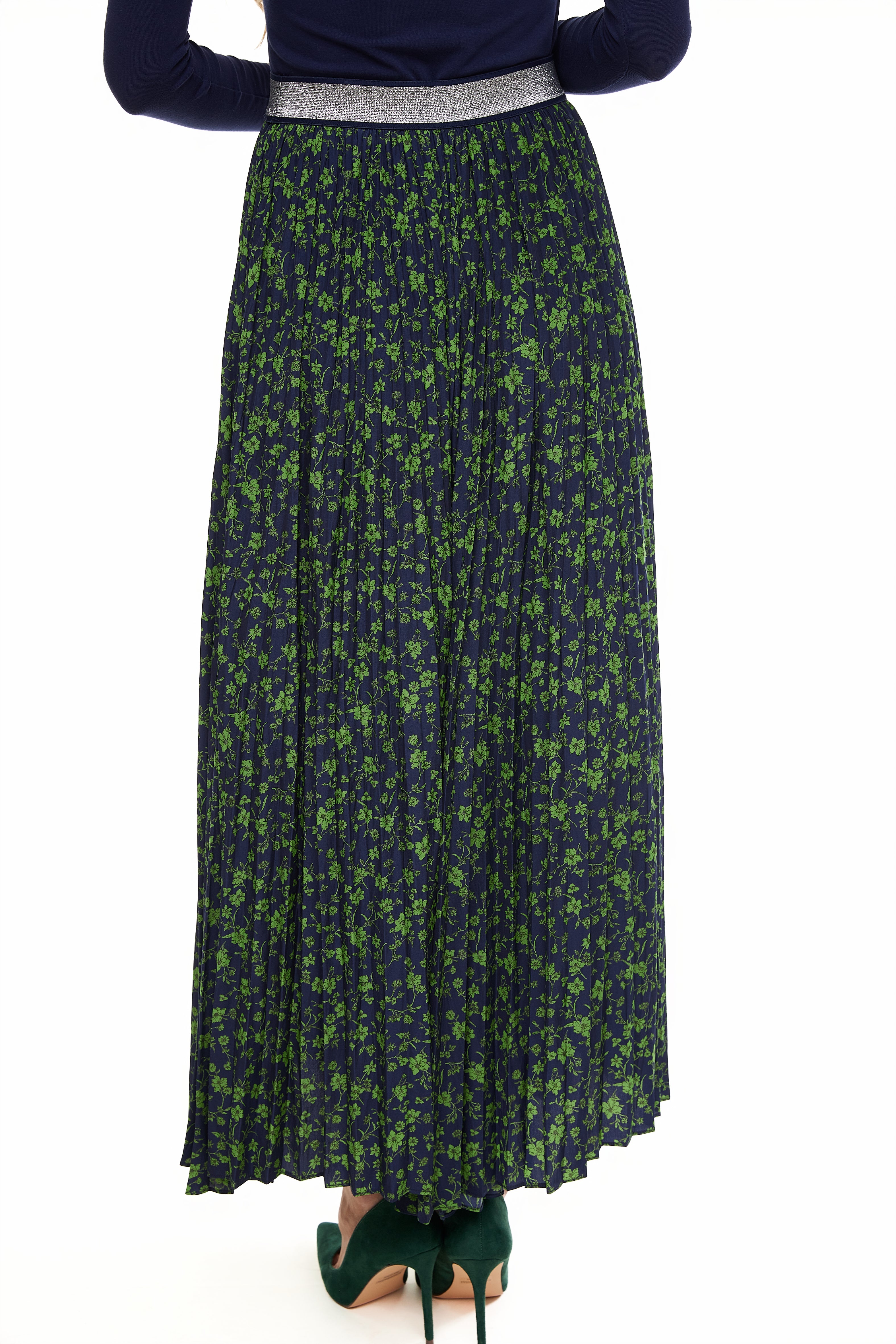 Elastic Waist Pleated Maxi Skirt, Navy/Green – Olivvi World