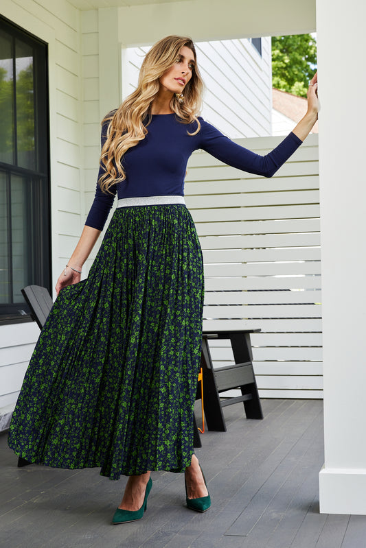 Elastic Waist Pleated Maxi Skirt, Navy/Green – Olivvi World