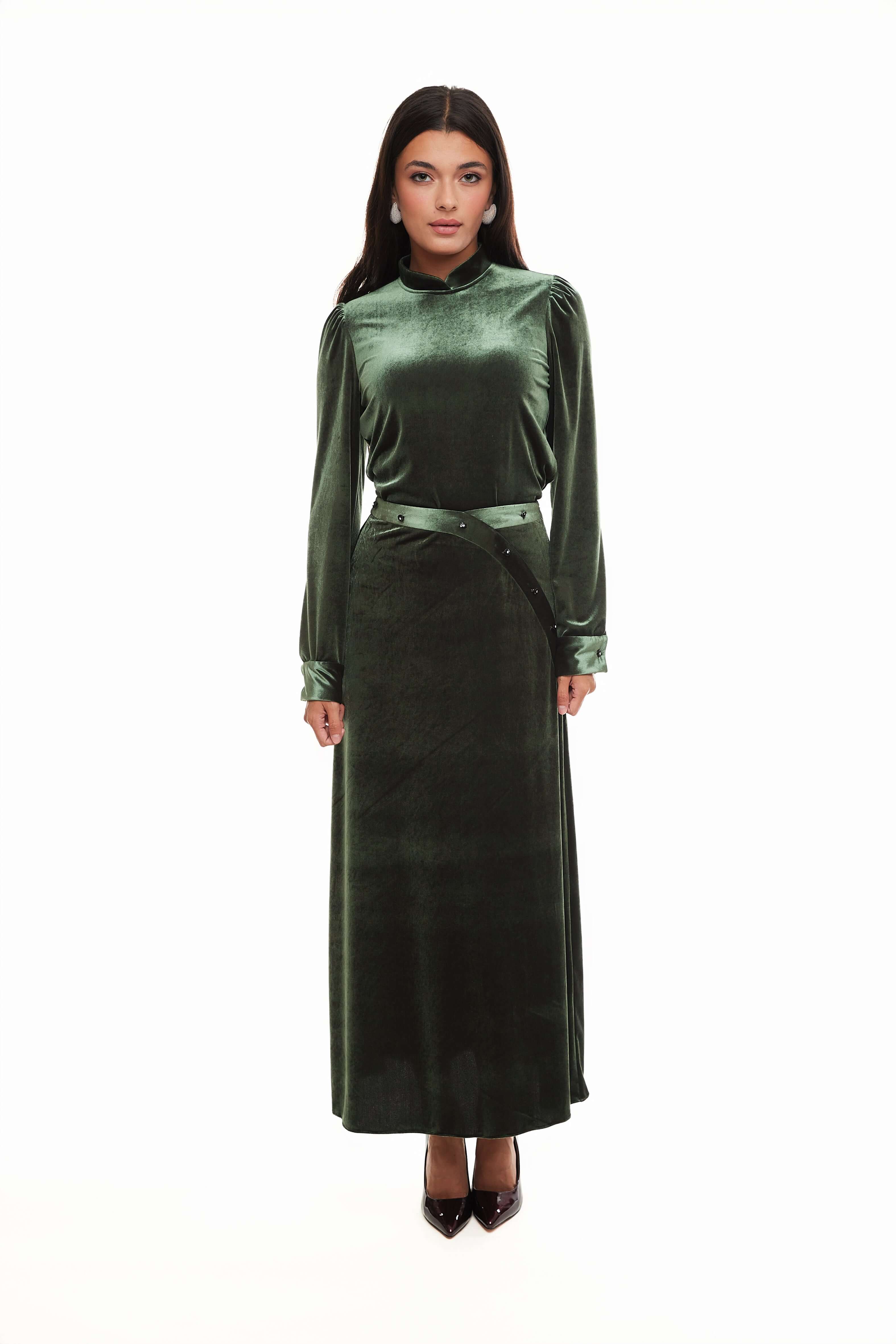 Liv Velvet Maxi Skirt, Deep Green – Olivvi World