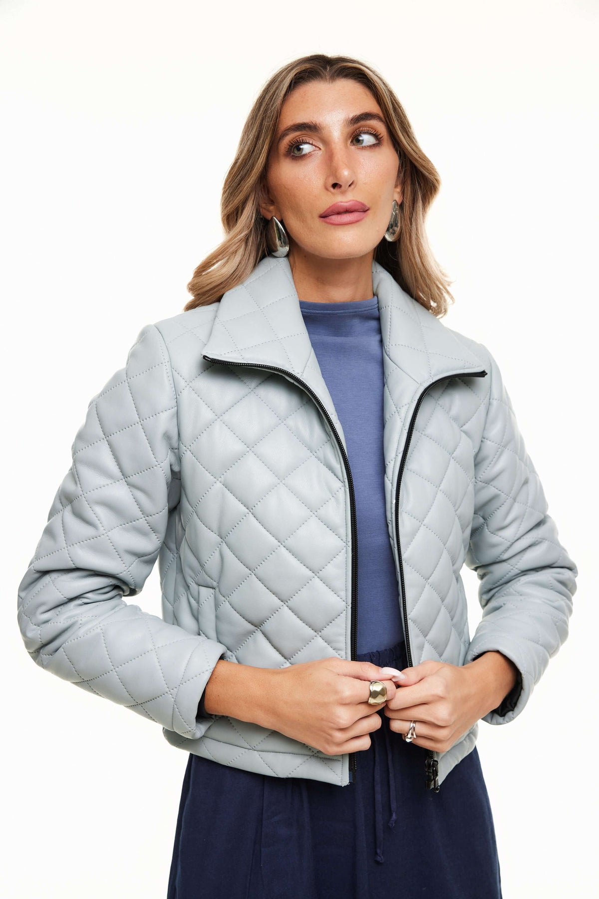 Quilted Leather Jacket, Light Blue – Olivvi World