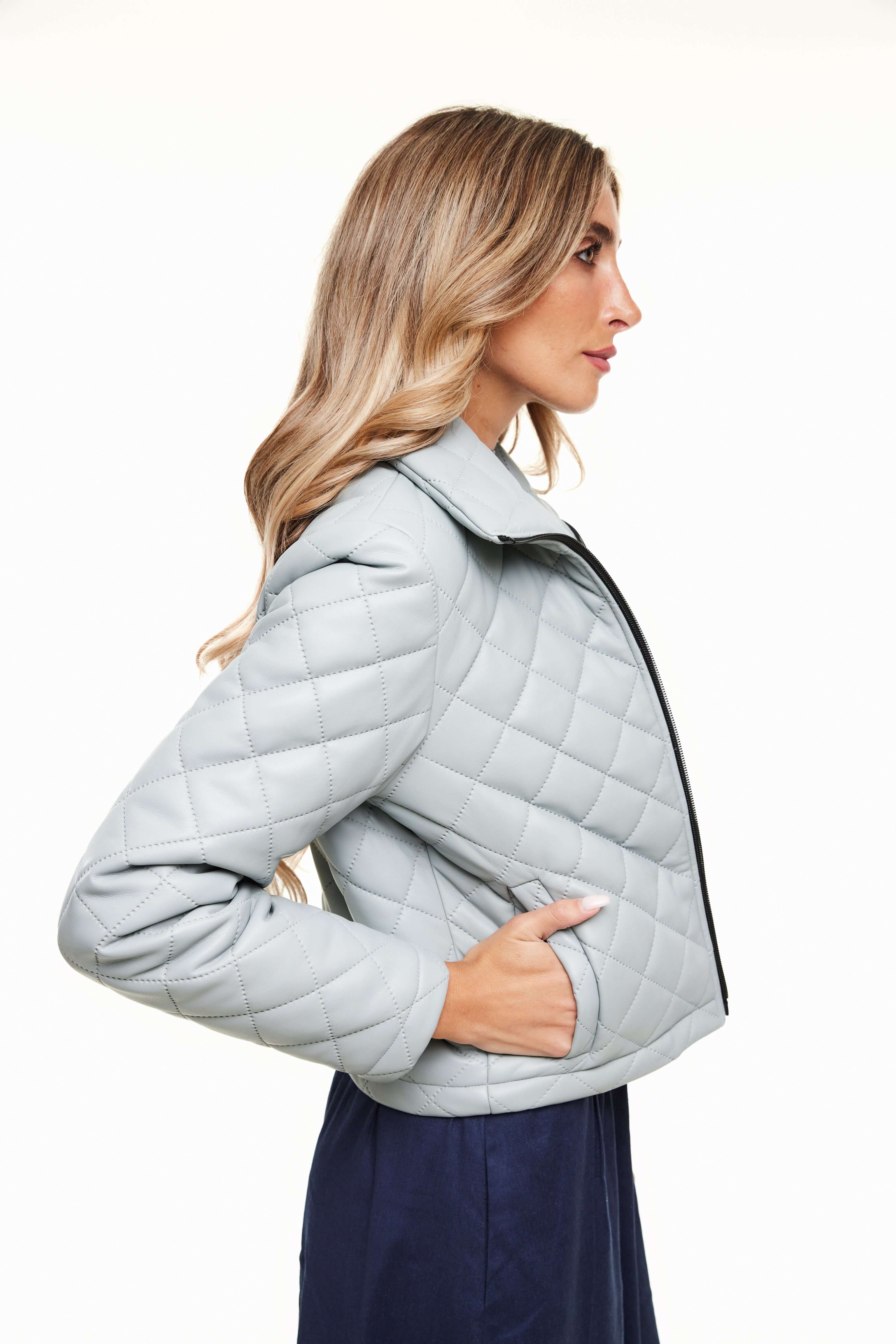 Quilted Leather Jacket, Light Blue – Olivvi World