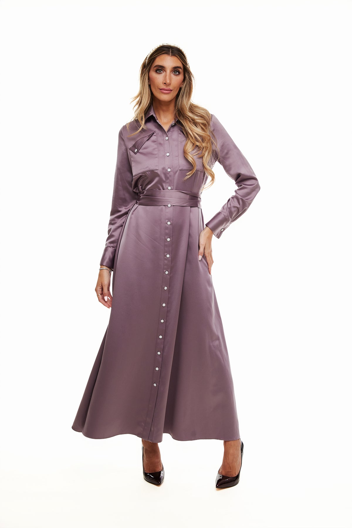 Satin Belted Maxi Dress, Plum – Olivvi World