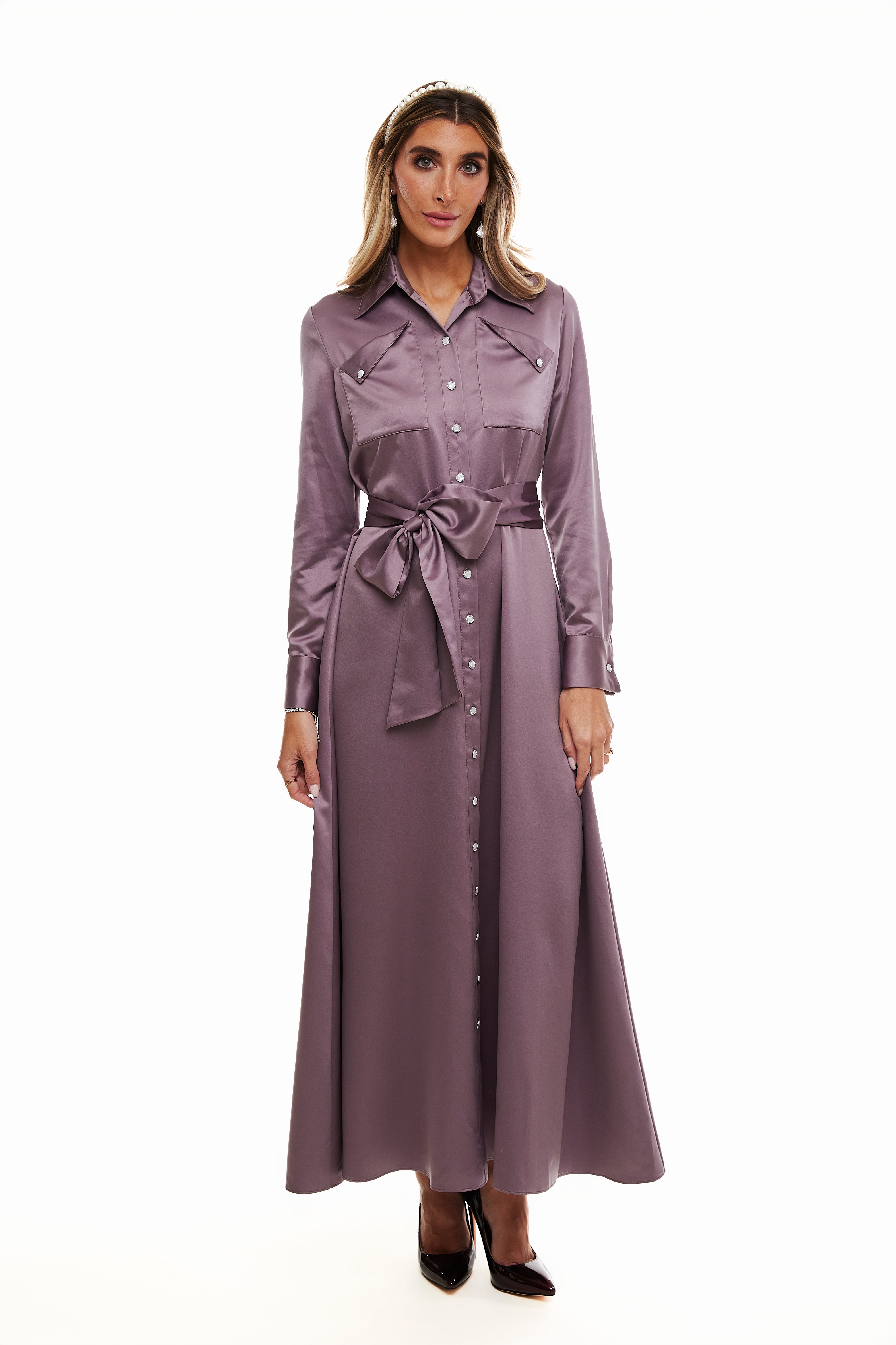 Satin Belted Maxi Dress, Plum – Olivvi World