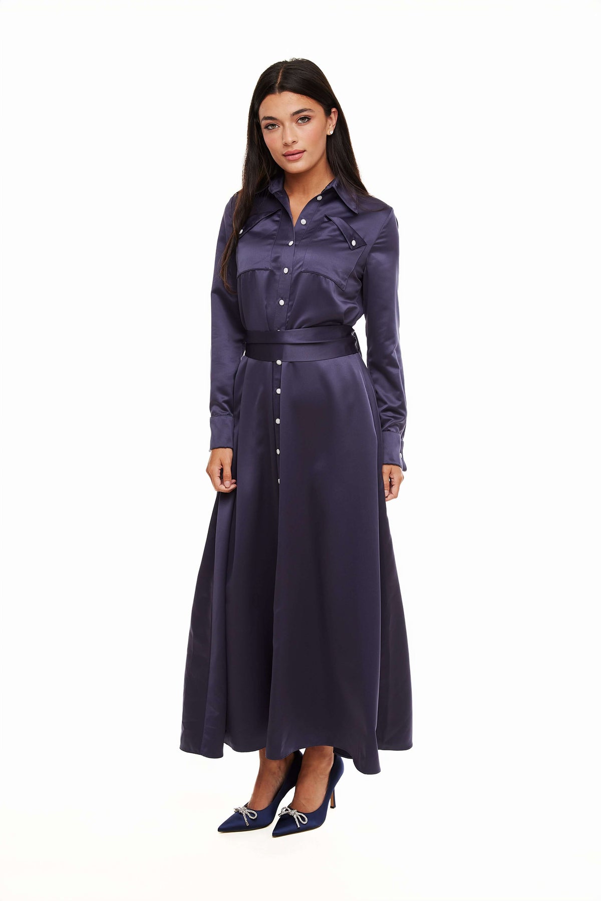 Satin Belted Maxi Dress, Steel Blue – Olivvi World