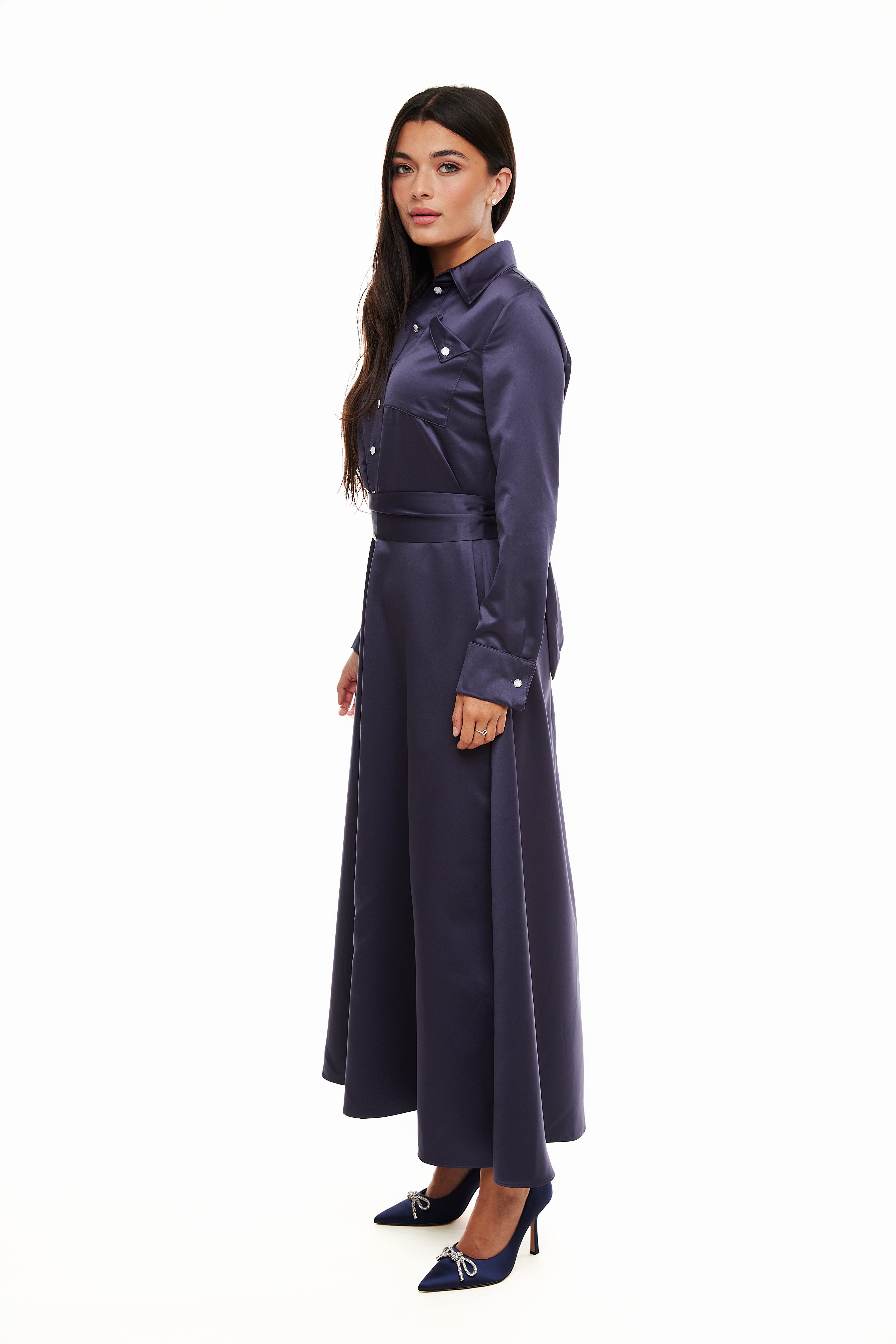 Satin Belted Maxi Dress, Steel Blue – Olivvi World