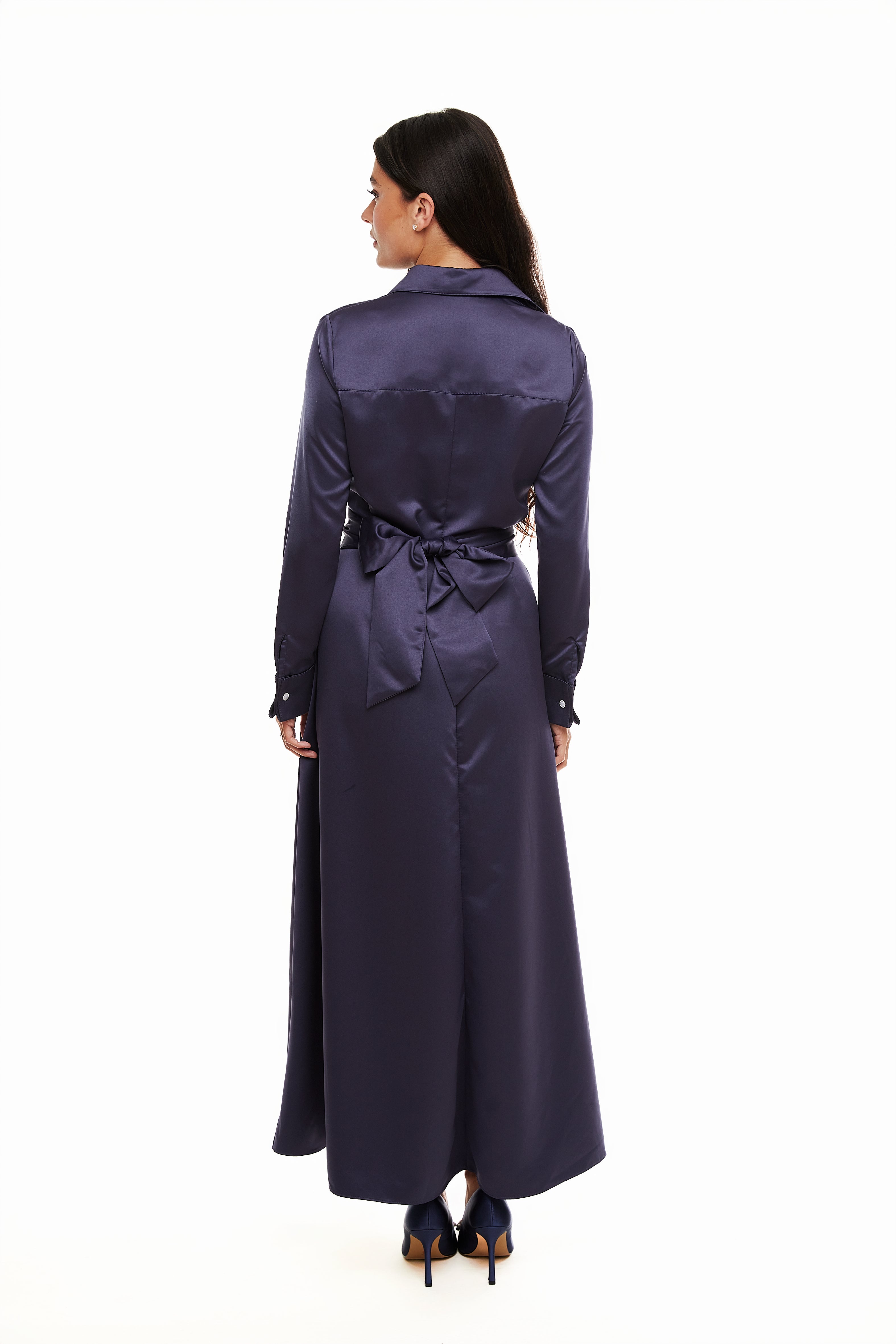 Satin Belted Maxi Dress, Steel Blue – Olivvi World