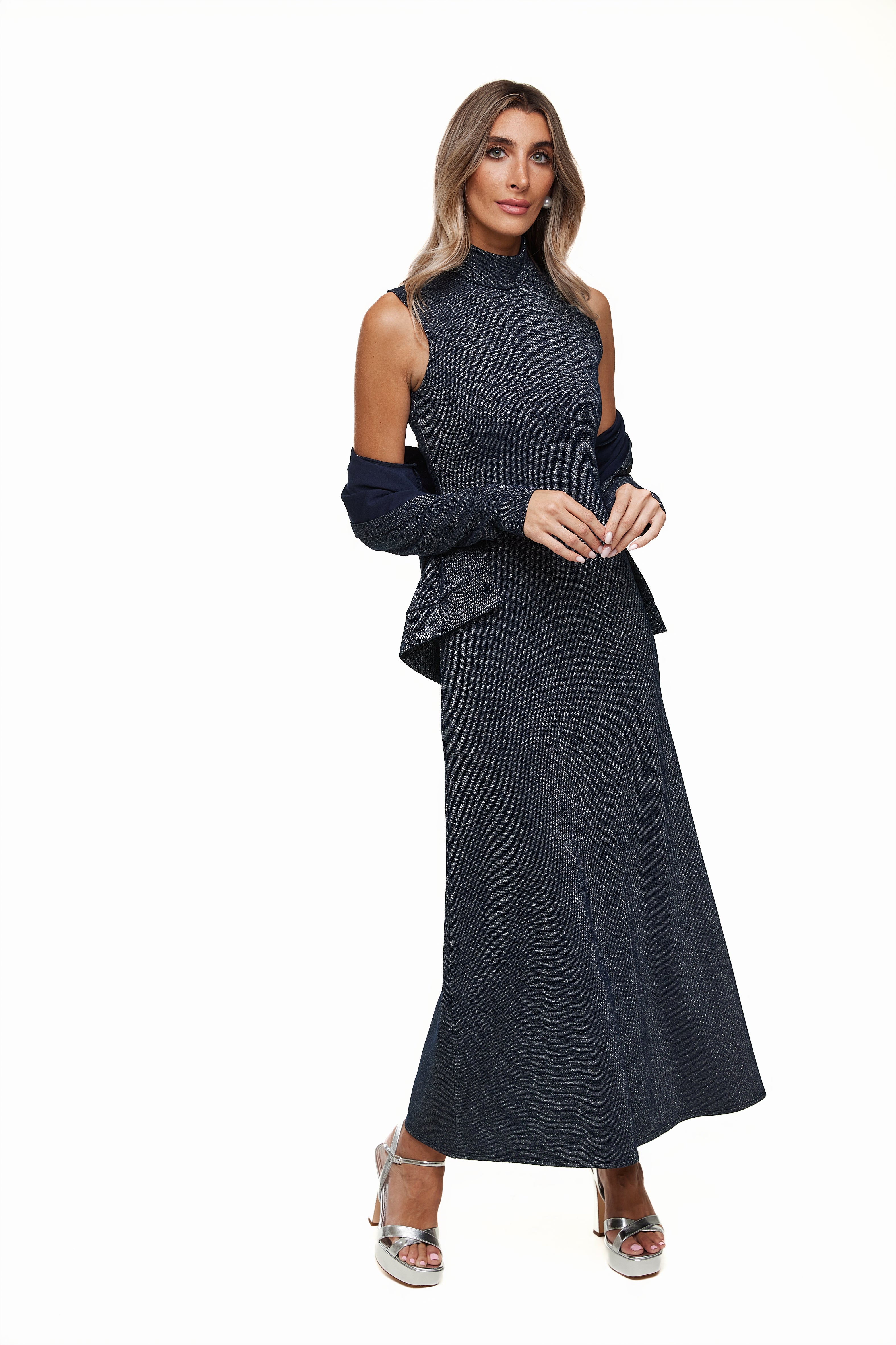 Shimmer Embellished Mock Neck Dress, Navy – Olivvi World 