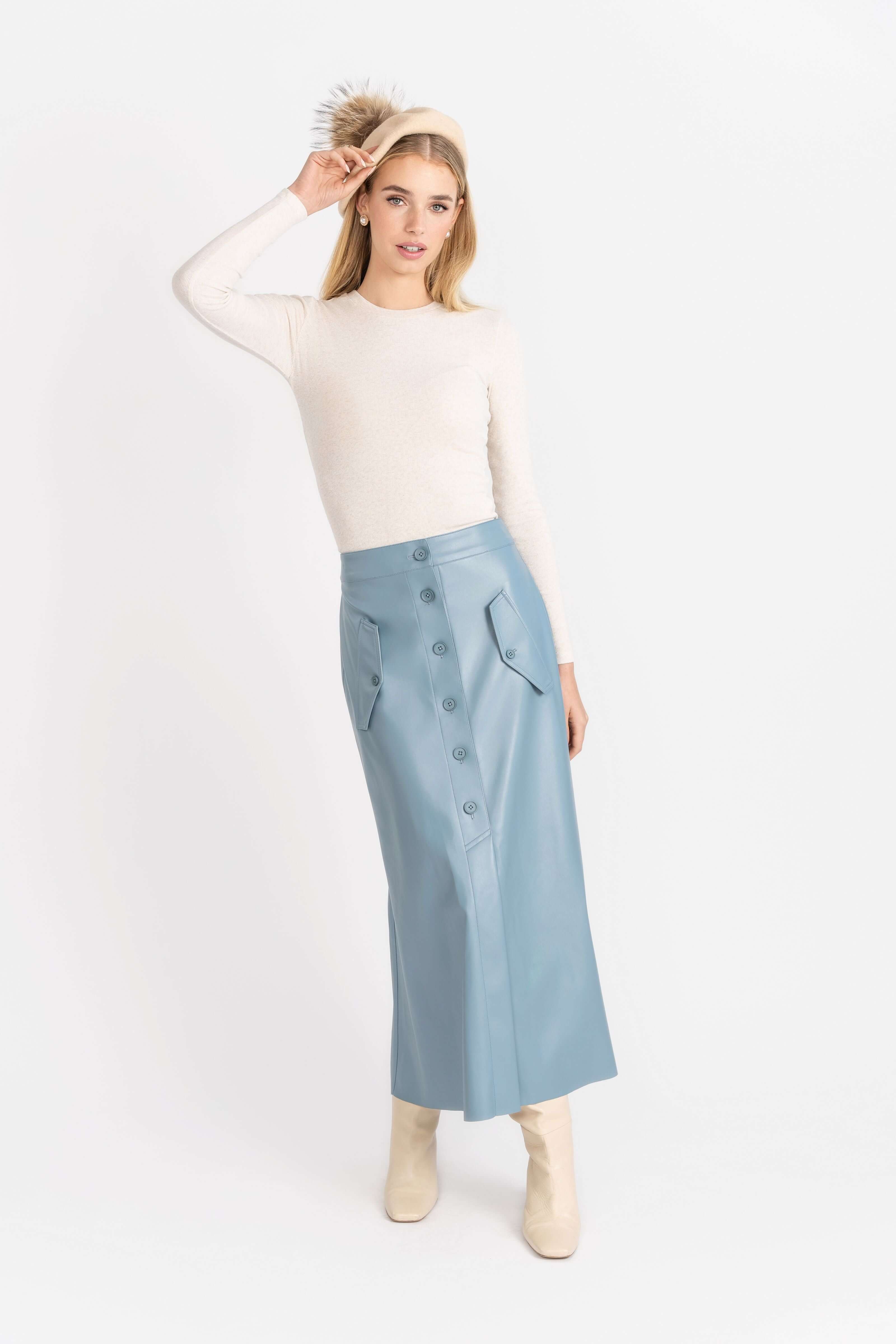 Vegan Leather Maxi Skirt, Light Blue Pleather – Olivvi World